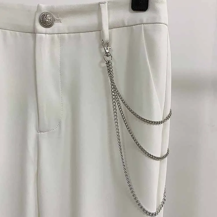 Women White Hight Waisted Formal Pants with Chain Pencil Pants