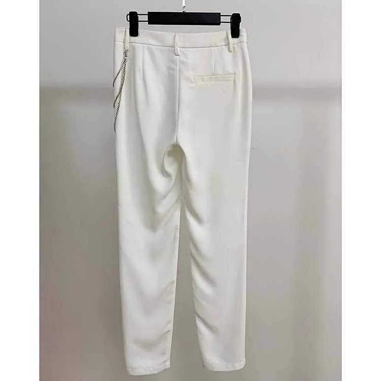 Women White Hight Waisted Formal Pants with Chain Pencil Pants