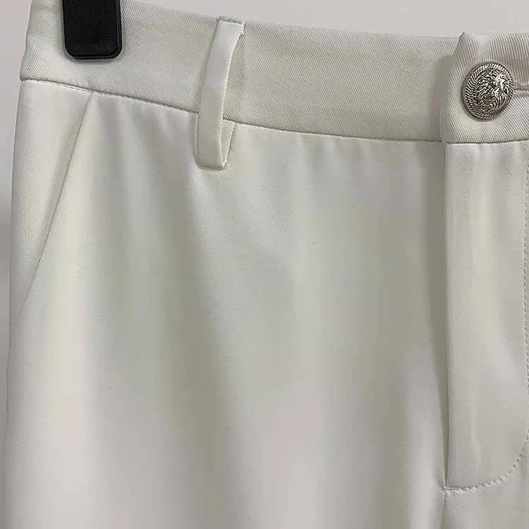 Women White Hight Waisted Formal Pants with Chain Pencil Pants