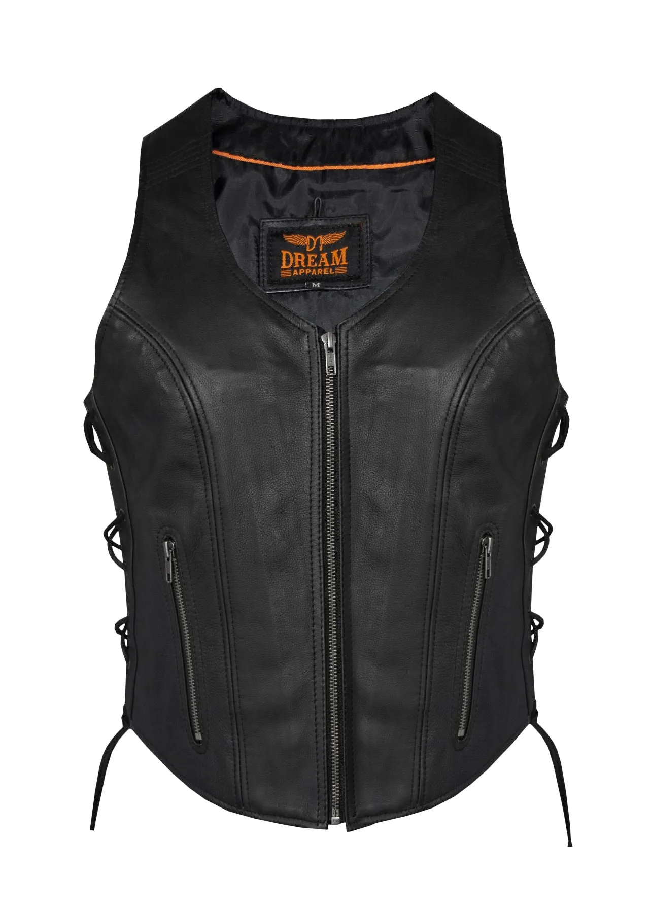 Women Zipper Front Vest Side Laces, Conceal Carry Pockets, Premium Cowhide Leather