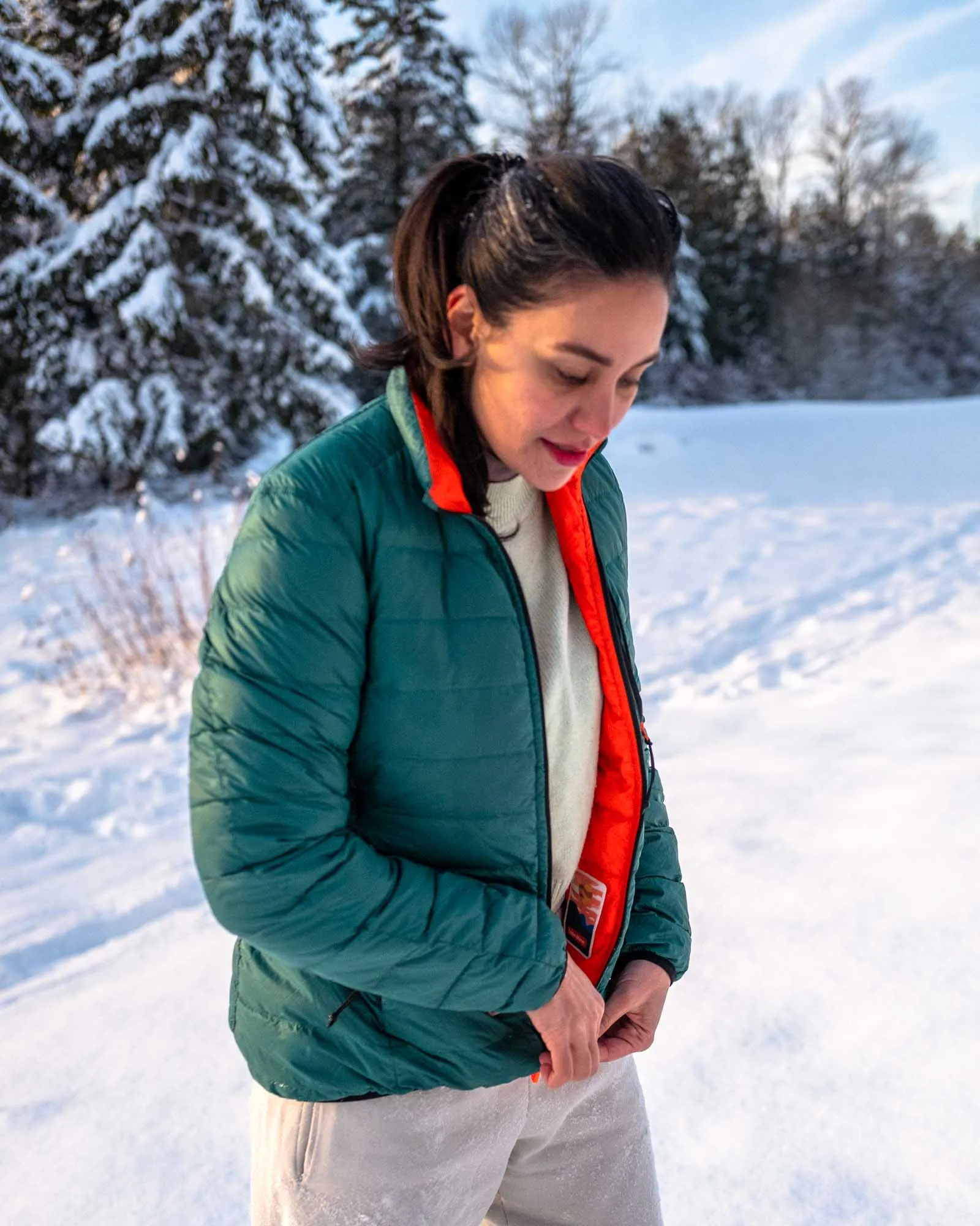 Women's Reversible Lightweight Puffer Jacket, Green & Orange