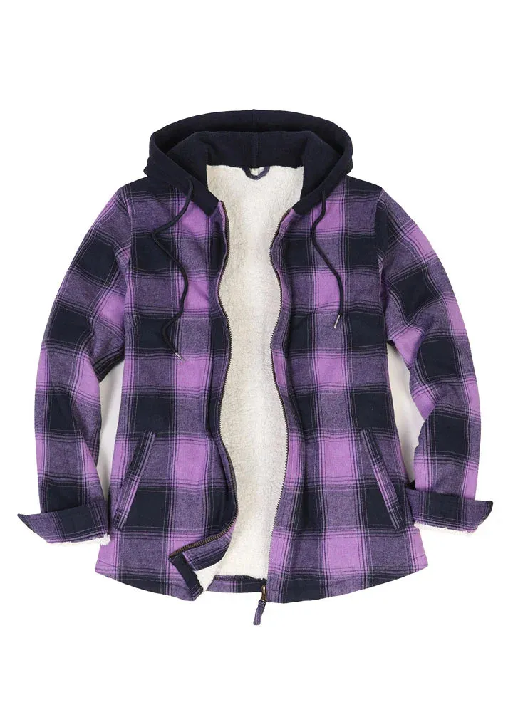 Women's Sherpa-Lined Full Zip Up Flannel Jacket with Fleece Hood