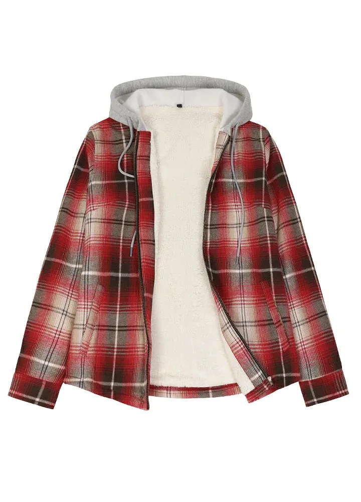 Women's Sherpa-Lined Full Zip Up Flannel Jacket with Fleece Hood