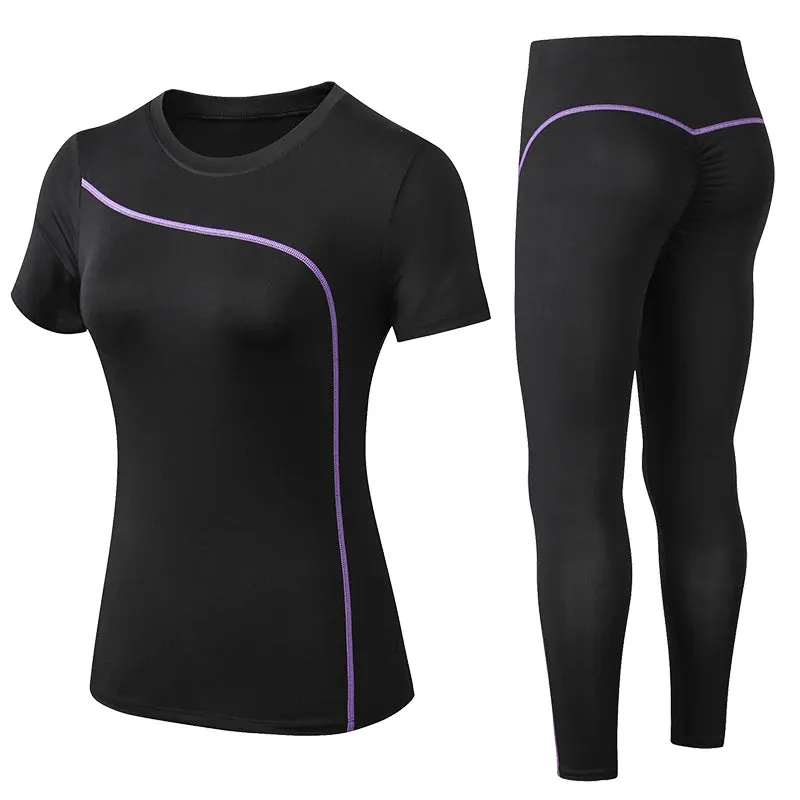 Women's Sportswear - Breathable Striped Short-Sleeve Top & Quick Dry Long Pants Yoga Set