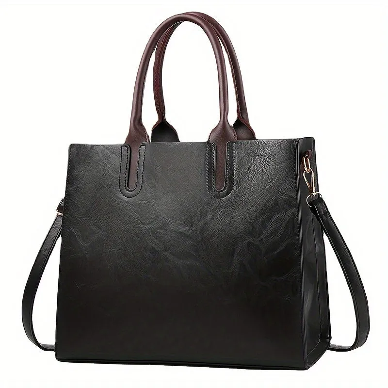 Women's Vintage Commuter Tote Bag  New Soft Leather Fashion Tote, PU Material, Zipper Closure, Waxed Edges, Available in Red, Black, Pink, Beige, Grey, Green - No Included Components