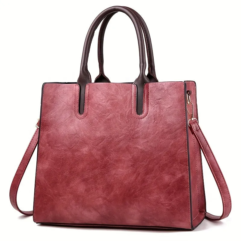 Women's Vintage Commuter Tote Bag  New Soft Leather Fashion Tote, PU Material, Zipper Closure, Waxed Edges, Available in Red, Black, Pink, Beige, Grey, Green - No Included Components