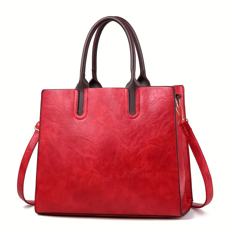 Women's Vintage Commuter Tote Bag  New Soft Leather Fashion Tote, PU Material, Zipper Closure, Waxed Edges, Available in Red, Black, Pink, Beige, Grey, Green - No Included Components