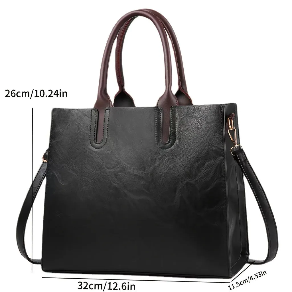 Women's Vintage Commuter Tote Bag  New Soft Leather Fashion Tote, PU Material, Zipper Closure, Waxed Edges, Available in Red, Black, Pink, Beige, Grey, Green - No Included Components