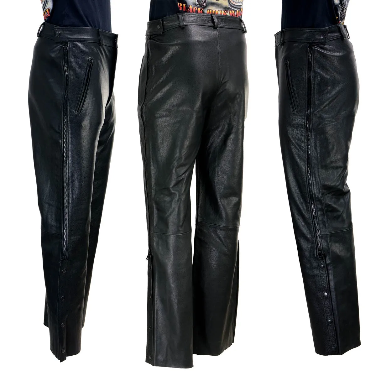 Xelement B7440 Men's Black Premium Leather Motorcycle Protective Over Pants w/ Side Zipper Entry